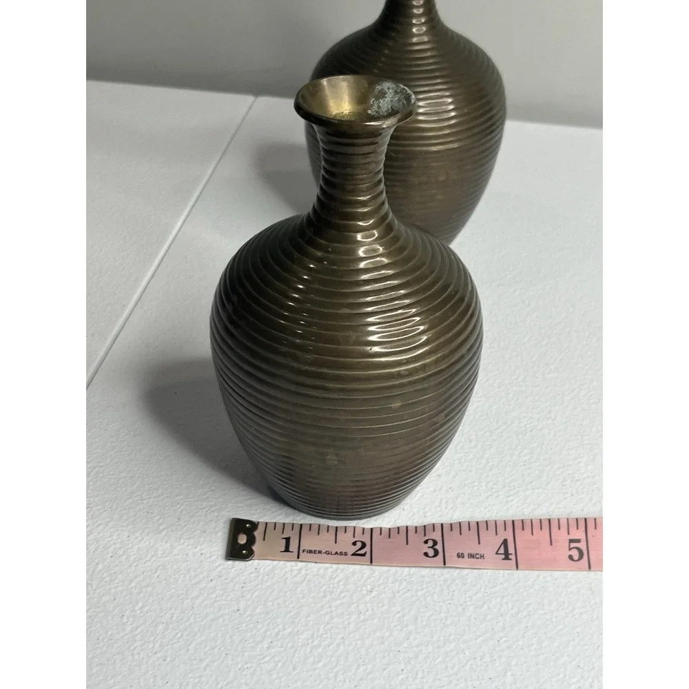 Vtg Brass‎ Vase Set Of 2 Ribbed Ringed 6